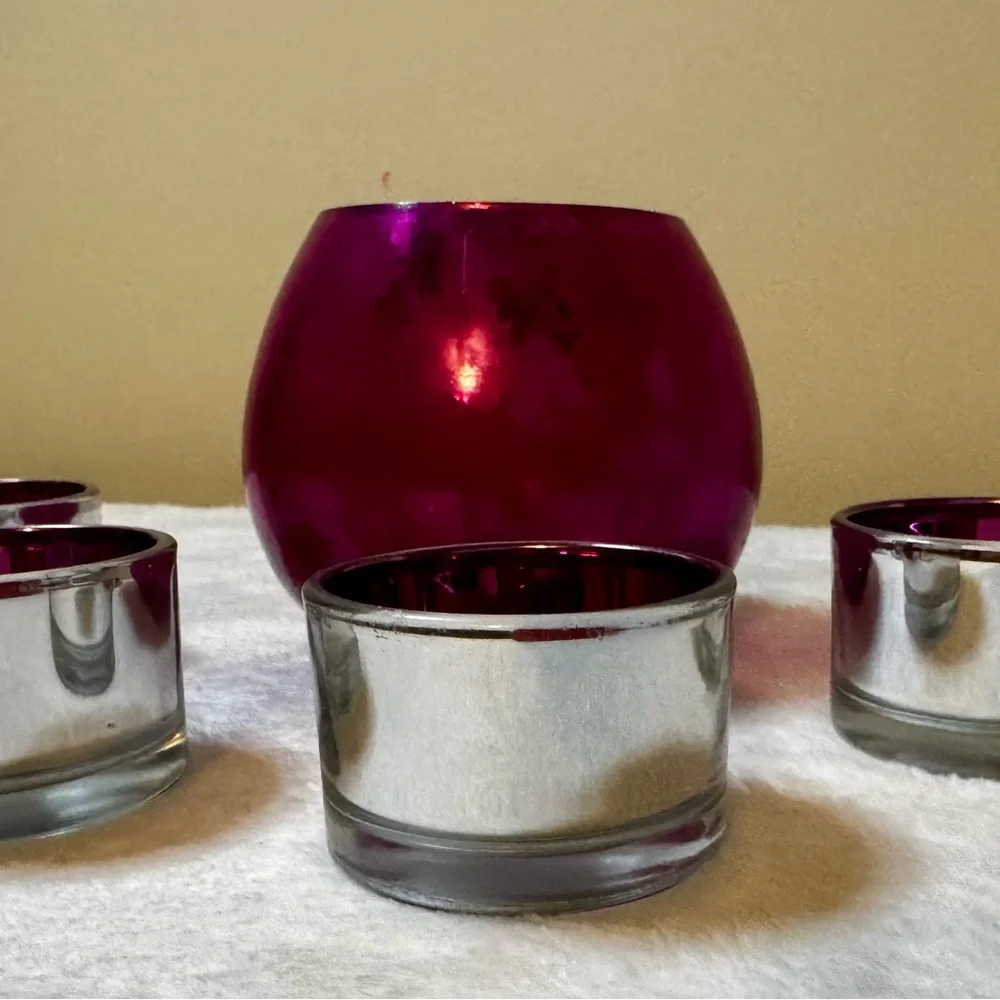 Crate & Barrel Pink and Silver Candle Holder Set